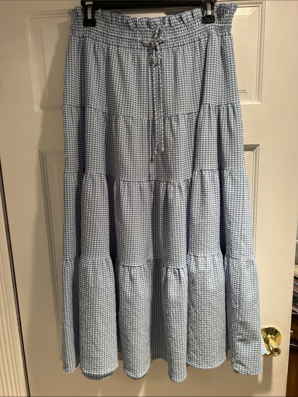 Zara Blue and White Gingham Tiered Maxi Skirt